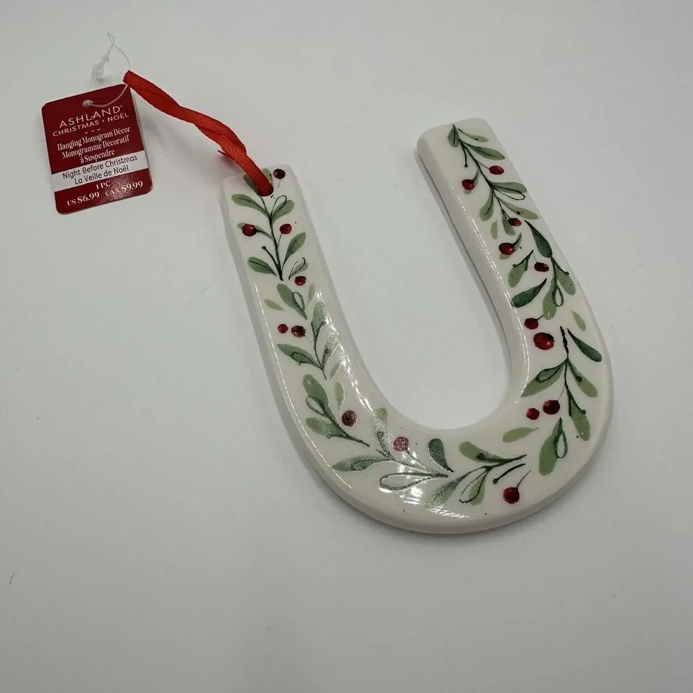 U Letter Ceramic Initial Monogram Christmas Holly Berry Ornament  Ashland 4.5
